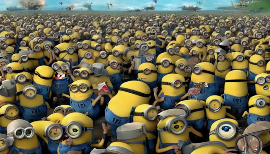 Image similar to millions of minions fighting the nazis during d - day, still from dreamworks movie