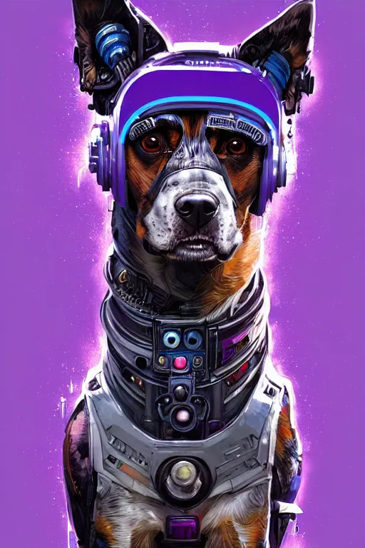 Image similar to a beautiful portrait of a cute cyberpunk dog by sandra chevrier and, greg rutkowski and wlop, purple blue color scheme, high key lighting, volumetric light, digital art, highly detailed, fine detail, intricate, ornate, complex, octane render, unreal engine, photorealistic