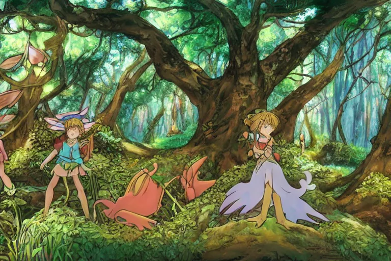 Image similar to fairy kingdom forest, cellshaded, nausicaa anime style