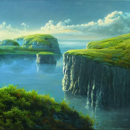 Image similar to painting of a lush natural scene on an alien planet by wojchiech siudmak. beautiful landscape. weird vegetation. cliffs and water.