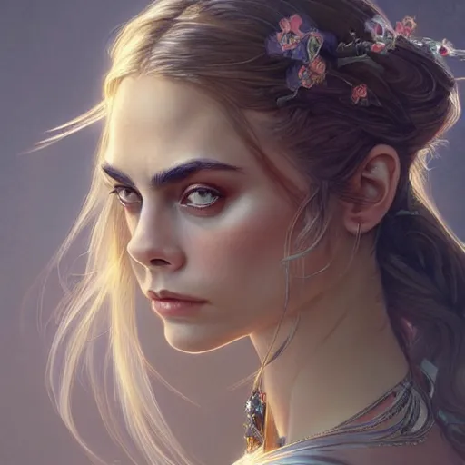 Image similar to Cara Delevigne , intricate, elegant, highly detailed, digital painting, artstation, concept art, smooth, sharp focus, illustration, art by artgerm and greg rutkowski and alphonse mucha