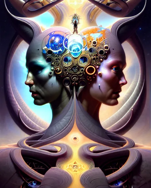 Prompt: a portrait of gemini light and dark fantasy character portrait made of fractals facing each other, ultra realistic, wide angle, intricate details, the fifth element artifacts, highly detailed by peter mohrbacher, hajime sorayama, wayne barlowe, boris vallejo, aaron horkey, gaston bussiere, craig mullins