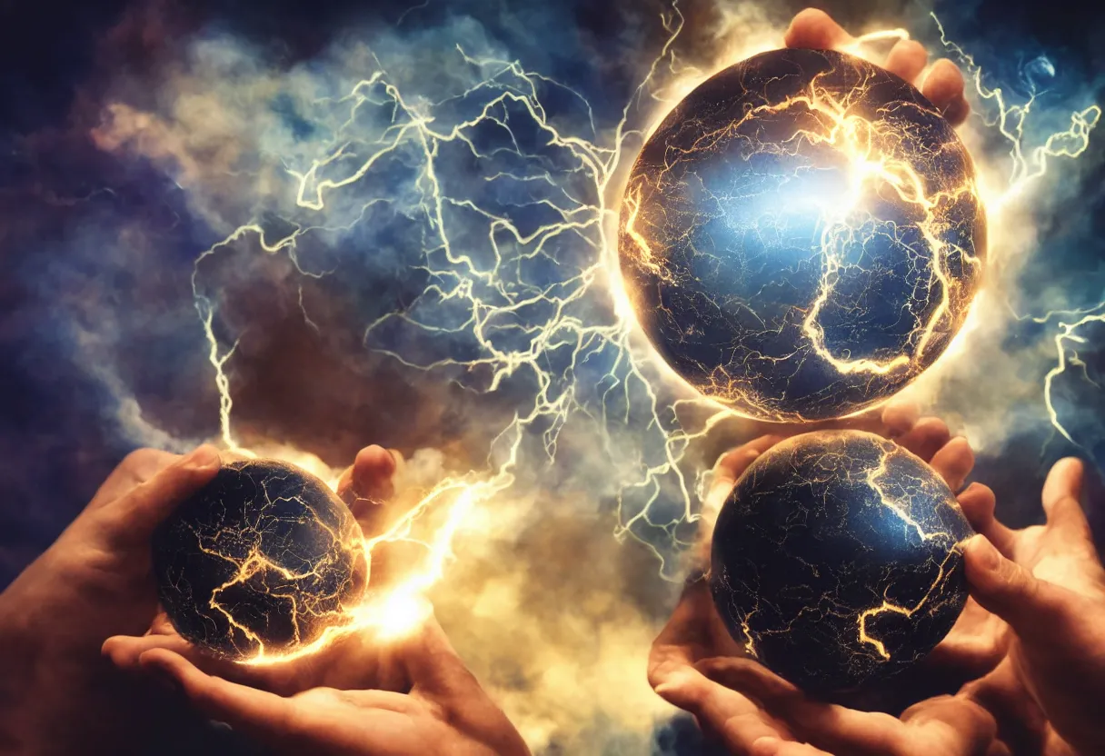 Prompt: A hand holding a powerful wizards orb containing an apocalyptic vision, smoke electricity sparks emanate from the wizards orb, ultra high resolution, hyper realistic, intricate details, cinematic, award winning