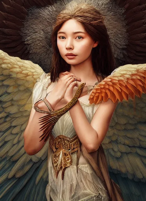 Prompt: a candid portrait of a female angel wrapped in cloth, her wings are fallen open by her side, in a roman castle, highly detailed, by tran nguyen and artgerm, warm colors