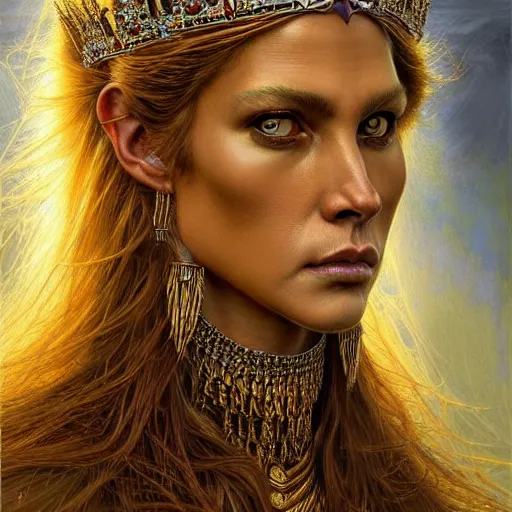Prompt: highly detailed portrait of a majestic lioness queen in the form of a beautiful woman. d & d. art by donato giancola, brian bolland, ruan jia, steve mccurry. trending on artstation, intricate details, energetic composition, golden ratio, concept art, illustration, elegant art, global illuminaition