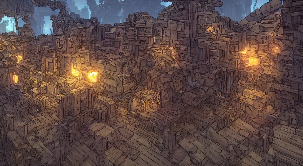 Image similar to wood wall fortress greeble block amazon jungle portal door unknow world global illumination ray tracing ambiant torch fornite that looks like it is from borderlands and by feng zhu and loish and laurie greasley, victo ngai, andreas rocha, john harris