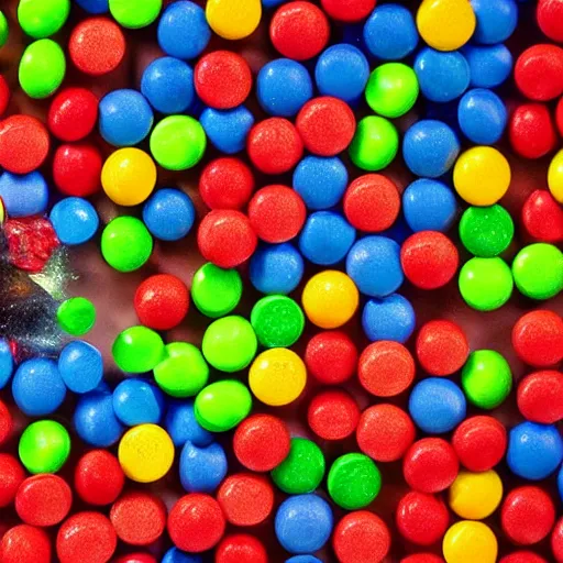 Prompt: a man laying in a pool of skittles