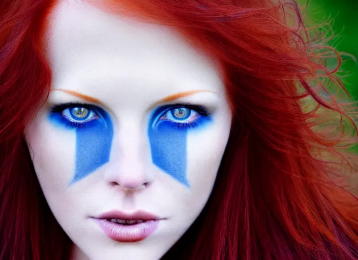 Prompt: award winning 8 5 mm close up face portrait photo of a redhead with maroon colored hair and perfect symmetrical blue human eyes in a park by luis royo.