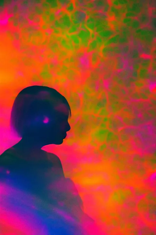 Prompt: human silhouette, large diffused colorful glowing aura, long exposure, film grain, cinematic lighting, maximum detail, art by janice sung