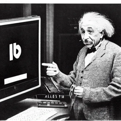 Image similar to vintage photo of albert einstein playing roblox, roblox shown on the computer, einstein pointing at the computer, circa 1 6 0 0, award - winning shot