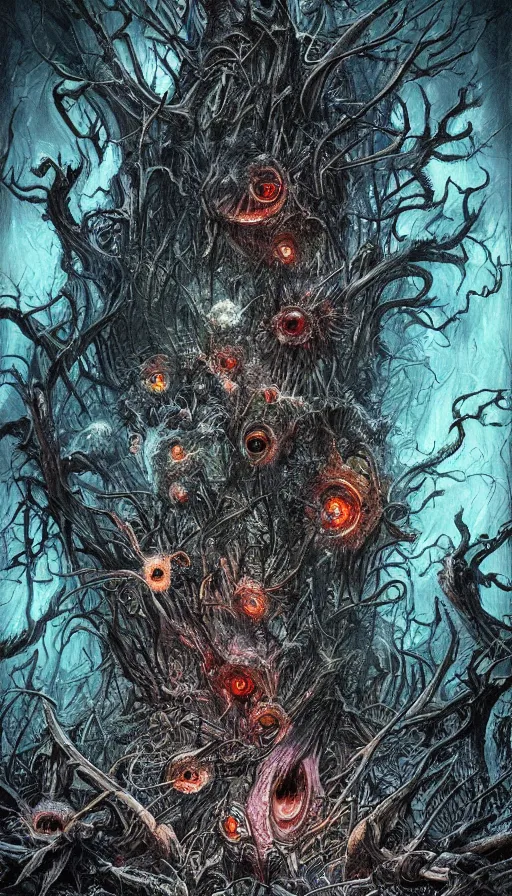 Prompt: a storm vortex made of many demonic eyes and teeth over a forest, by android jones,