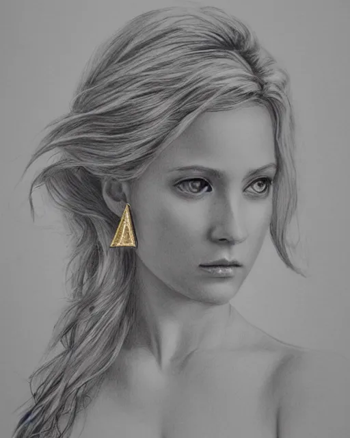 Image similar to pencil drawing of a beautiful greek goddess aphrodite with arrowhead earrings, beautiful piercing eyes, beautiful blonde hair, hyper realistic face, in the style of greg rutkowski, fantasy, amazing detail, epic, elegant, smooth, sharp focus, from the front