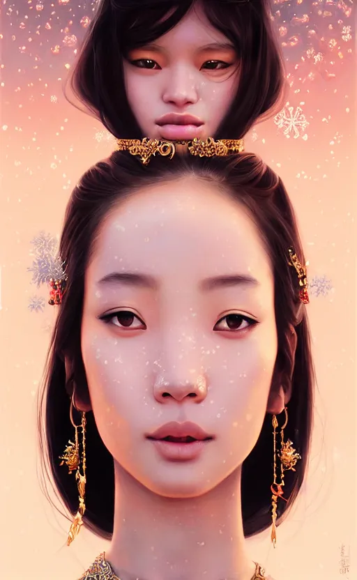 Image similar to a beautiful young charming asian goddess with sundress + jewelry + shinny eyes | | winter, symmetric, realistic shaded, unpleasant face, good looking, fine details, dior, lv, realistic shaded lighting poster by greg rutkowski, macoto takahashi, magali villeneuve, artgerm, jeremy lipkin and michael garmash