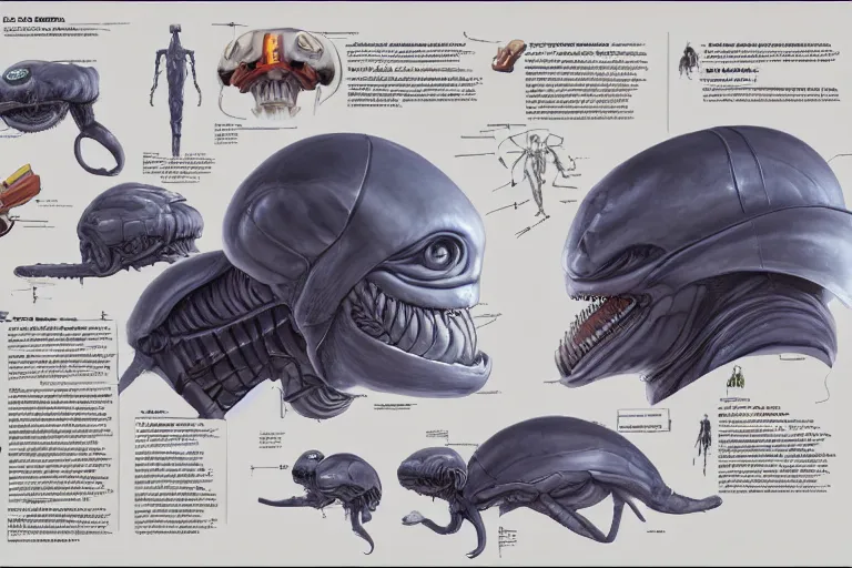 Image similar to schematic diagram of alien boss, biology, book, page, detailed, cross section, trending on artstation, cgsociety, Ralph McQuarrie and Greg Rutkowski