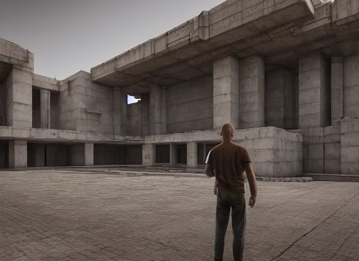 Prompt: a man standing in a brutalist soviet temple, a detailed matte painting by senior environment artist, cgsociety, fantasy art, reimagined by industrial light and magic, unreal engine 5, matte painting