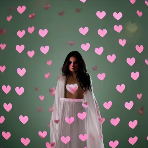 Image similar to Mila Kunis silhouette posing in front of a camera with cute pink hearts floating in the air, Canon EOS R3, f/1.4, ISO 200, 1/160s, 8K, RAW, unedited, symmetrical balance, in-frame