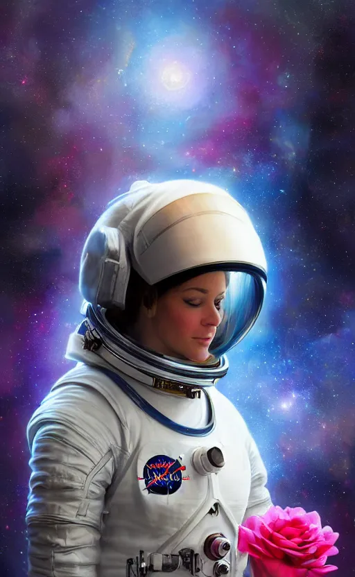 Image similar to astronaut in space with a rose flower crown, sharp focus, intricate, elegant, digital painting, artstation, matte, highly detailed, concept art, illustration, volumetric lighting, bokeh light, art by greg olsen and liz lemon swindle