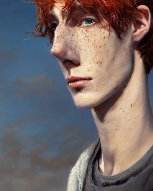 Image similar to portrait of tall, thin, 1 5 - year - old boy with a long nose, a lot of freckles, fiery red hair, and bright blue eyes, hyper realistic face, beautiful eyes, fantasy art, in the style of greg rutkowski, intricate, hyper detailed, smooth