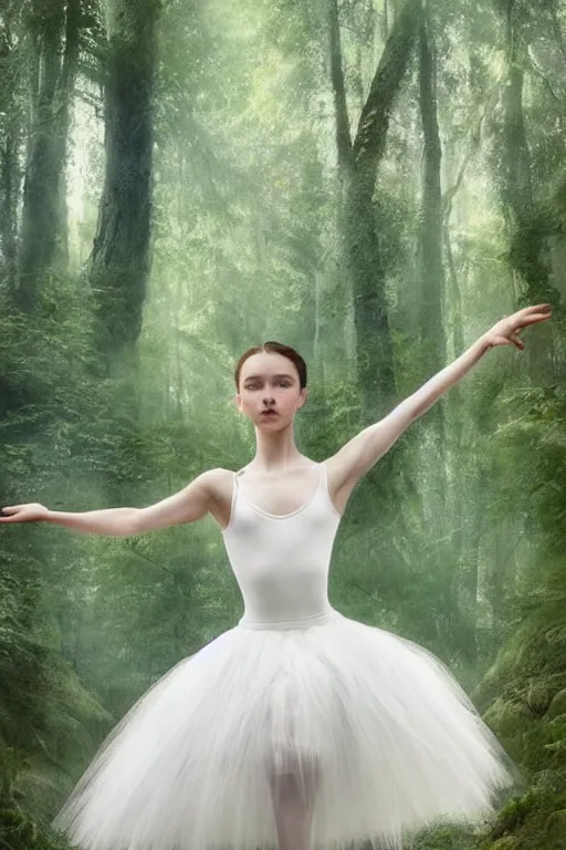 Image similar to a beautiful prima ballerina in white dress in a forest, inspired by thomas eakes & greg rutkowski & xiang duan, perfect symmetry, magic realism, post - processing, extremely hyper - detailed, intricate, soft - lighting, lifelike attributes, masterpiece, pastel'