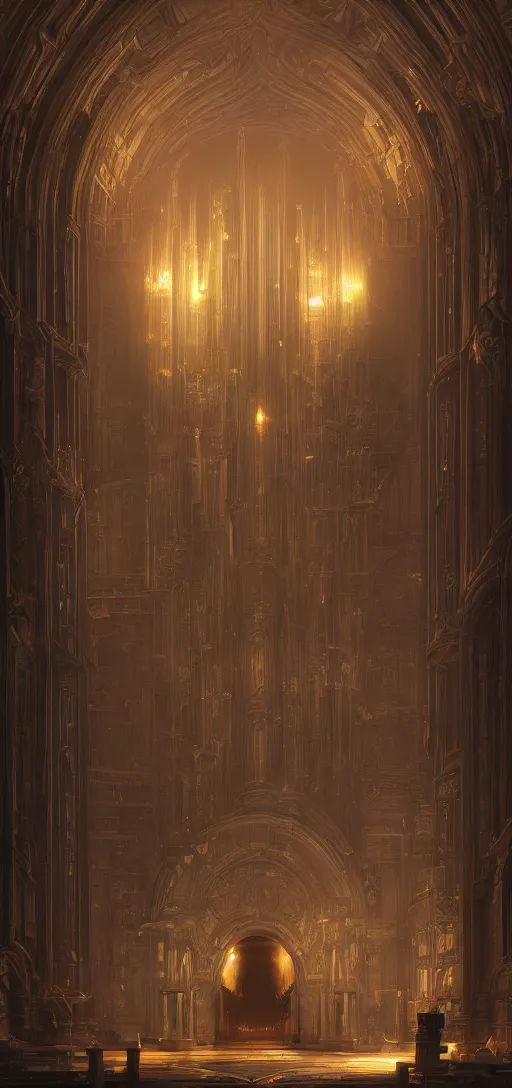 Prompt: pipe organ in an arch, obsidian walls with gold trim, by peter mohrbacher dan mumford craig mullins nekro, cgsociety, pixiv, volumetric light, 3 d render, smoke, dark fog, high contrast colors