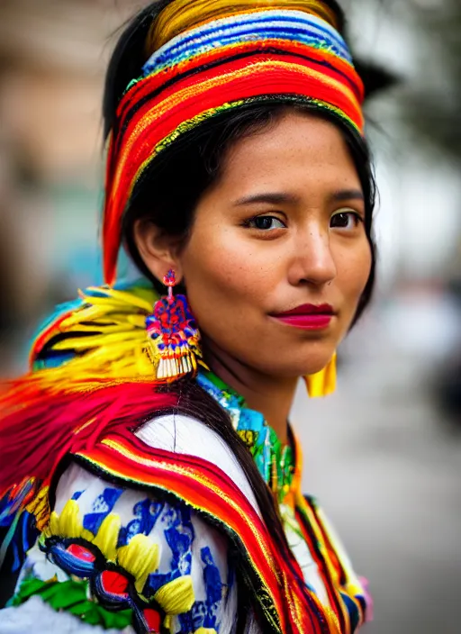 Prompt: color Mid-shot portrait of a beautiful, breathtaking 25-year-old woman from Peru, wearing a traditional outfit, candid street portrait in the style of Mario Testino award winning, Sony a7R