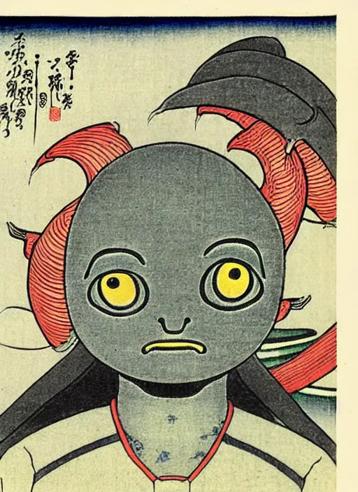 Image similar to a roswell grey alien as a yokai illustrated by kawanabe kyosai and toriyama sekien