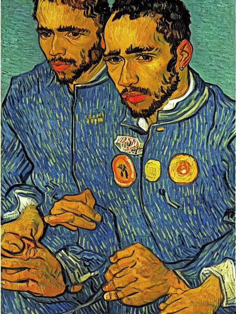 Image similar to portrait of Sir Lewis Hamilton by Van Gogh