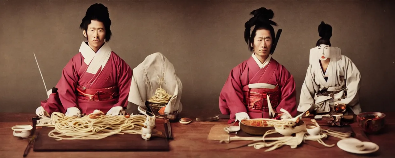 Image similar to 1 8 0 0 s japanese samurai slicing spaghetti!, in the style of diane arbus, canon 5 0 mm, wes anderson, kodachrome, retro