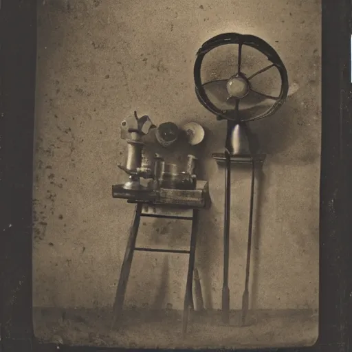 Image similar to Tintype photograph of primitive objects displayed in an ethnographic museum, archive material, anthropology,in the style of Marcel Duchamp, found objects, ready-made, 1920s studio lighting.