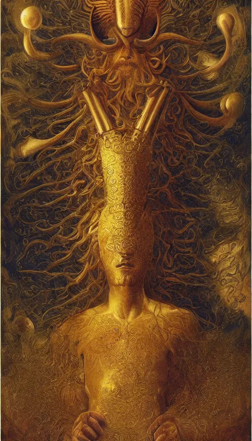 Image similar to the emperor, ram horns sprouting from his head, golden taurus, mars energy, ankh, wisdom, agostino arrivabene