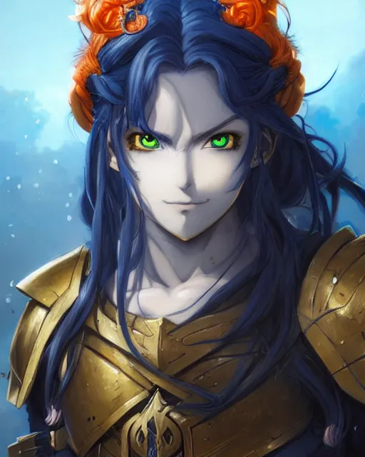 Image similar to An anime portrait of a beautiful D&D half-orc female with long wavy dark blue hair, bright orange eyes, intricate full body armour, fantasy soldier, by Stanley Artgerm Lau, WLOP, Rossdraws, James Jean, Andrei Riabovitchev, Marc Simonetti, and Sakimichan, highly detailed, ultra detailed, golden hour, trending on artstation, cgstudio