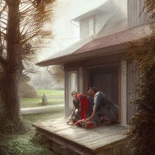 Image similar to a guy is leaving is home with luggage and sad angry mood, his wife is kissing another man under the porch of the house, highly detailed,, artstation hd, deviantart, by madgwick,, greg rutkowski, artgerm