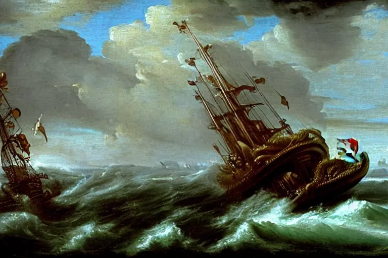 Image similar to A Kraken attacks a ship, Claude Lorrain (1648), oil on canvas, detailed brushstrokes