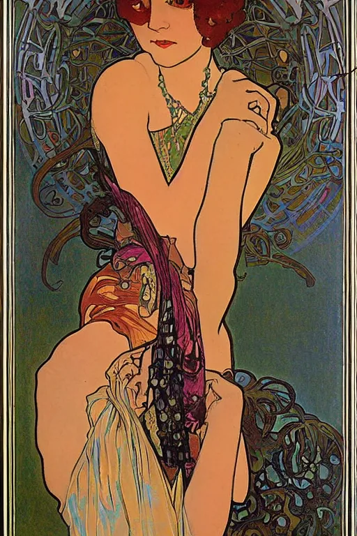 Image similar to portrait en buste of flapper girl of the roaring 20s art nouveau by Alphonse Mucha, by Aubrey Beardsley, by Gustav Klimt, by Maxfield Parrish, by Gerda Wegener, by Henri de Toulouse-Lautrec, bold moody colors, flamboyant clothes, bright gothic, roaring twenties