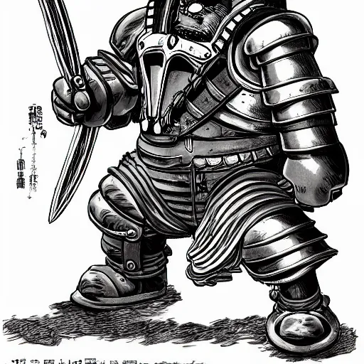 Image similar to homer simpson fighting guts from berserk wearing heavy armor, cinematic, manga style, black ink, hyperdetailed, ghibli