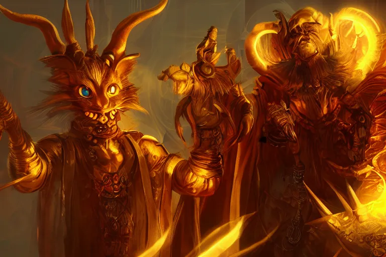 Image similar to Humanoid catfolk dungeons and dragons wearing a golden robe. Evil red glowing eyes. Artstation, highly detailed, 8k