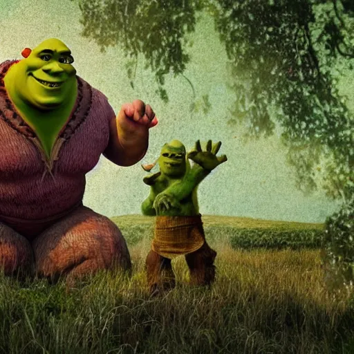 Image similar to giant shrek with wings, thunderstorm, swamp, realism, flying fairies, hot summer chill