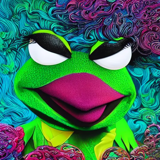 Image similar to ultra detailed illustration of Kermit the Frog from Sesame Street covered in a sea of iridescent liquid by nekro, Karol Bak, colorful, vivid colors, 8k, coherent, anime vibes, uplifting, magical composition, artstation, synthwave, 8k, coherent, artgerm, uplifting, unreal engine, magical composition, artstation