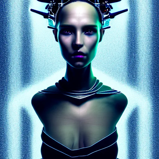 Prompt: portrait of an absurdly beautiful, graceful, sophisticated, fashionable cyberpunk mechanoid gravure idol, hyperdetailed illustration by irakli nadar, matt wisniewski style, intricate linework, dark black skin, iridescent fractal headdress, day - glow facepaint, unreal engine 5 highly rendered, global illumination, blue light, detailed and intricate environment