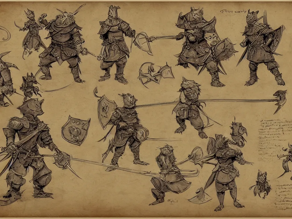 Image similar to character design sheet for a heroic mouse knight with sword and shield on a parchment background, redwall, greg rutowski and jean baptiste monge, very very detailed, epic fantasy concept art