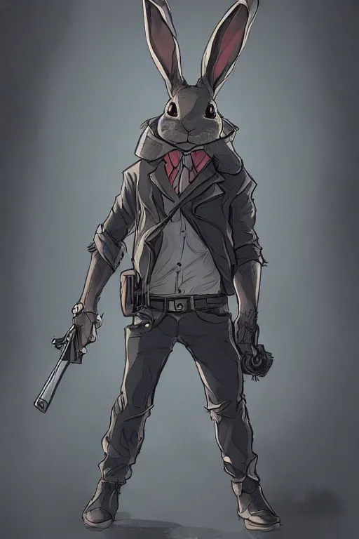 Image similar to rabbit as a hitman, dynamic lighting, fantasy concept art, trending on art station, stunning visuals, creative, cinematic, ultra detailed, comic strip style