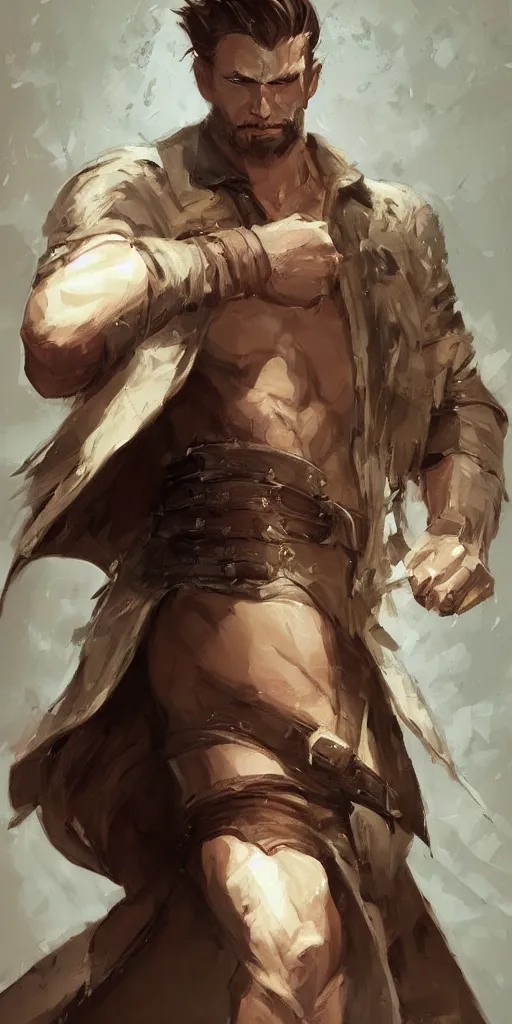 Image similar to portrait of a muscular, grim, ponytail haired blonde man in his late 30's, wearing a thick brown leather coat, looking to his side, hunter, DnD character, fantasy character, digital art by Ruan Jia, Krenz Cushart, Rossdraws and Boris Vallejo