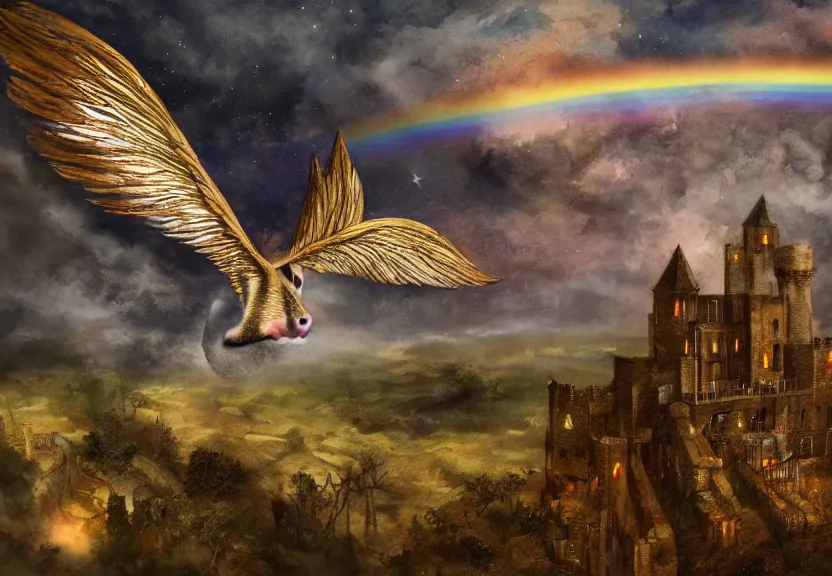 Image similar to legendary rainbow winged possum flying over a medieval castle at night under the dark starred sky, dark fantasy, watercolor, dreaming illusion, highly detailed, 4k, trending on Artstation