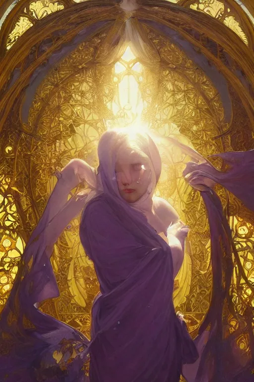 Image similar to cleansing myself with holy water and all the world's virtue and piety, golden light, purple water, highly detailed, digital painting, artstation, concept art, smooth, sharp focus, illustration, art by artgerm and greg rutkowski and alphonse mucha