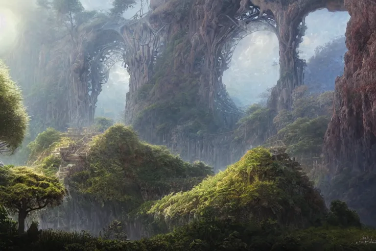 Image similar to Rivendell Himeji hallucination, mazing concept painting, by Jessica Rossier A gleaming white opera hall fortress overlooks a fertile valley, brutalist deak ferrand Jean-pierre Ugarte bases, garden of eden, by HR giger by Beksinski,