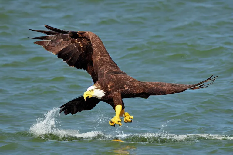 Prompt: national geographics photo of an eagle catching a fish