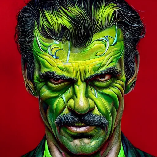 Image similar to a demon slayer portrait of tom selleck, tall, pale - skinned, slender with lime green eyes and long eyelashes by stanley artgerm, tom bagshaw, arthur adams, carne griffiths, trending on deviant art, street art, face enhance, chillwave, maximalist, full of color, glittering