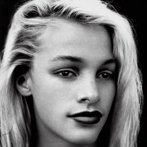 Prompt: black and white vogue closeup portrait by herb ritts of a beautiful female model, trans female, high contrast