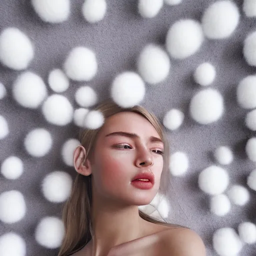 Prompt: photorealistic portrait of cute girl model, close up, staring directly at camera, fluffy soft big cotton balls floatingaround, studio lighting, blurry background, shot on iphone 1 3 pro, by annie leibovitz