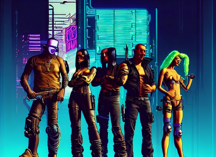 Image similar to cyberpunk bounty hunter crew. portrait by stonehouse and mœbius and will eisner and gil elvgren and pixar. character design. realistic proportions. cyberpunk 2 0 7 7 character art, blade runner 2 0 4 9 concept art. cel shading. attractive face. thick lines. the team. diverse characters. artstationhq.